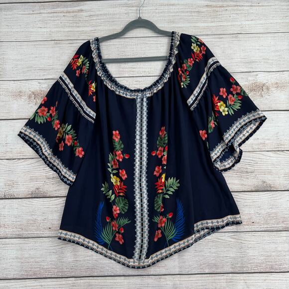 Flower & Feather Off Shoulder Floral Blouse Womens 2XL Navy Blue Semi Sheer - Picture 1 of 10